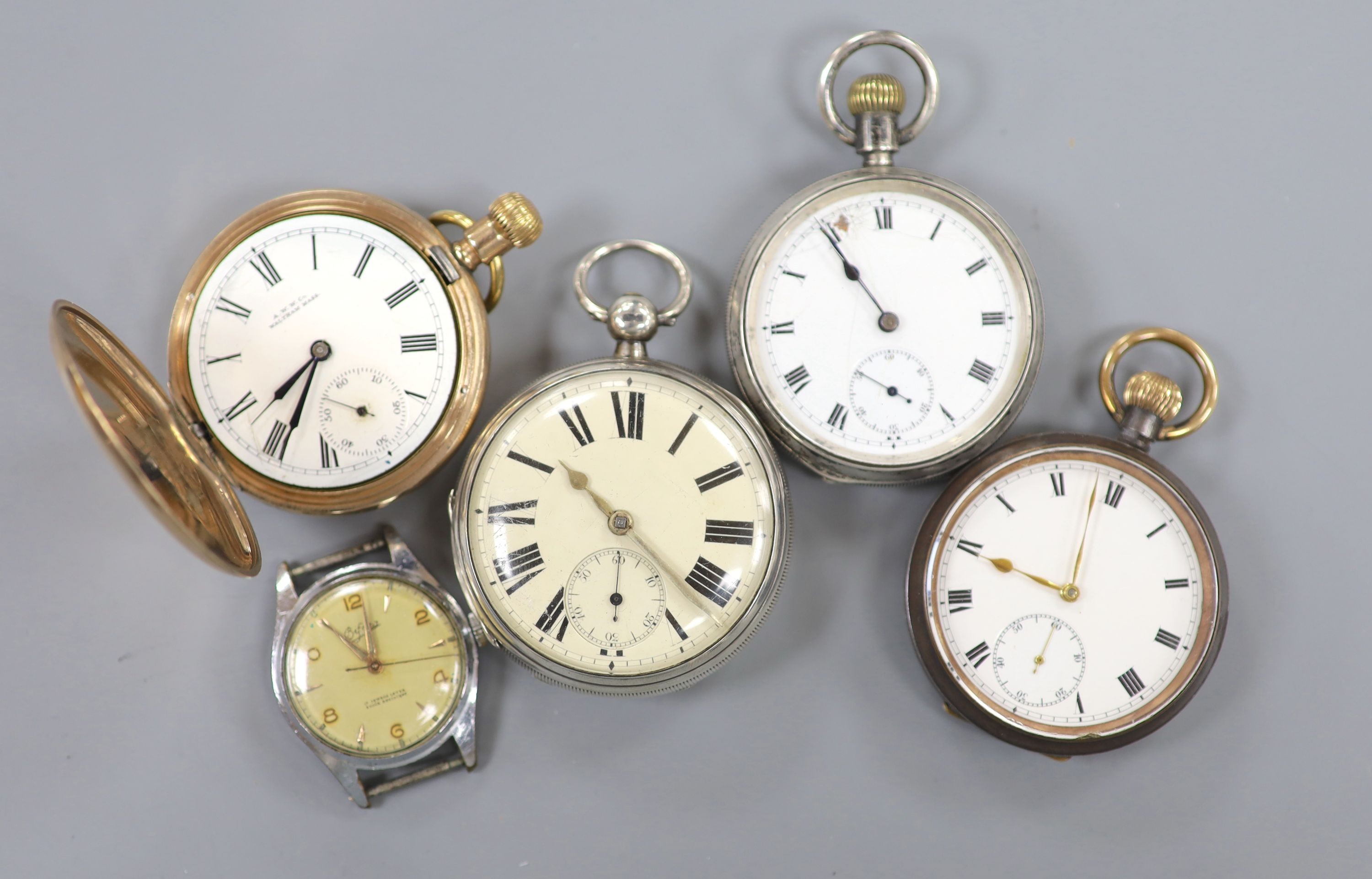 Two silver open face pocket watches including Victorian by Harris of Manchester, two other pocket watches and a wrist watch.